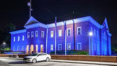 Building 30 Lit Up with Blue Lights